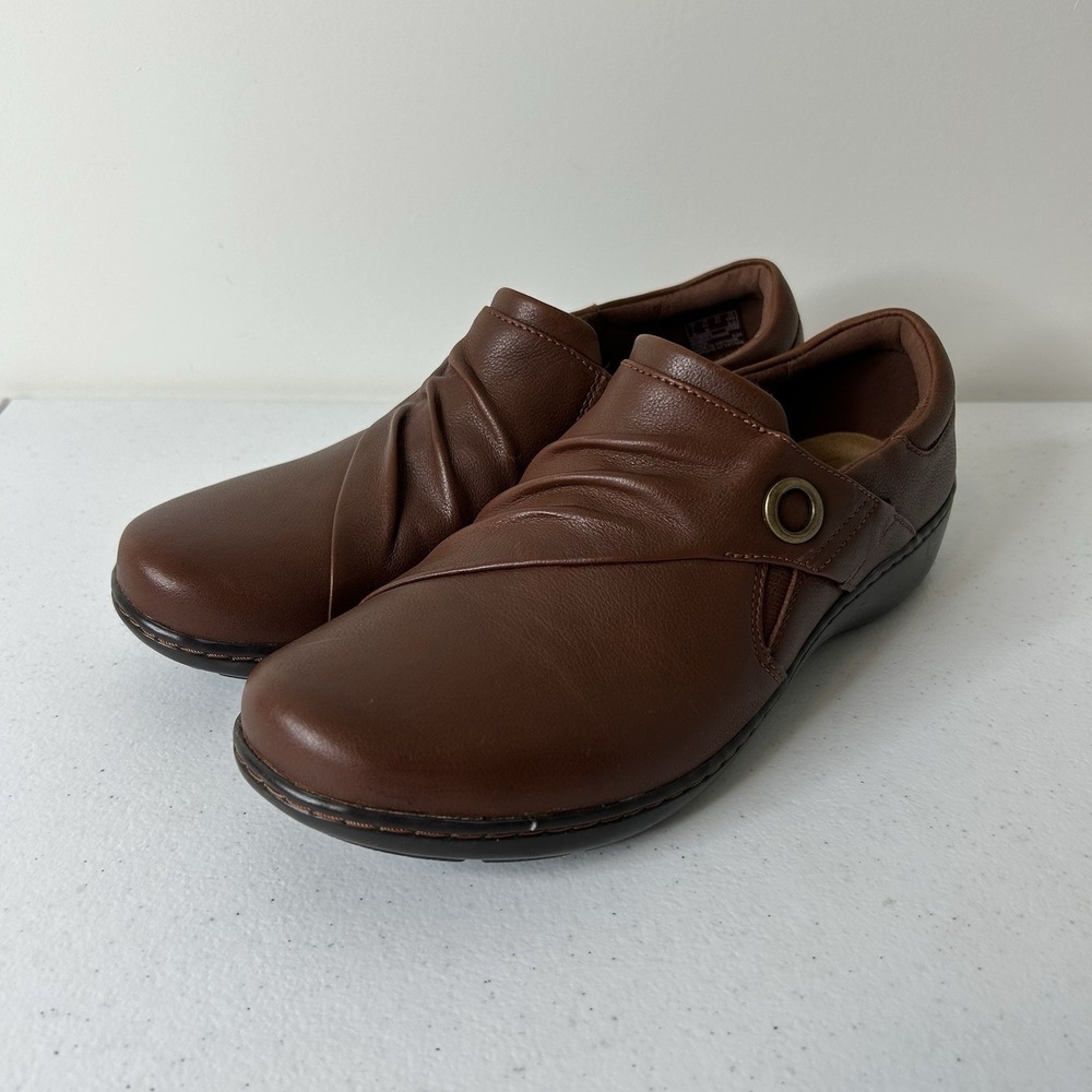 Clarks Shoes Women's 9.5 W Slip On Cora Aubrie Tan Leather Clog Mule Comfort